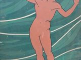 a painting of a man standing on a surfboard in the water