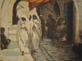 a painting of a group of people walking down a street