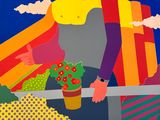 a painting of a man holding a surfboard and a flower pot