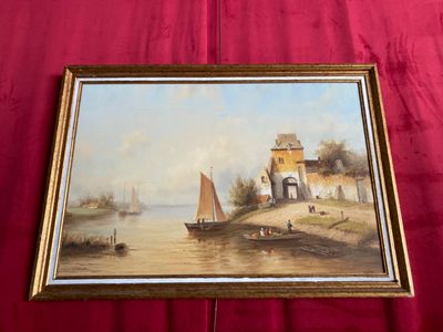 une image d'un tableau représentant un bateau sur l'eau