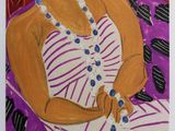 tableau représentant une femme en robe blanche assise sur un canapé violet