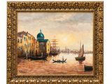 une peinture de bateaux dans un port avec des bâtiments à l'arrière-plan