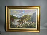 framed picture of a painting of a village by a river