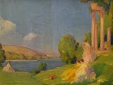 an image of a painting of a woman sitting on a hill by the water