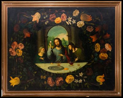 un tableau représentant Jésus assis à une table, entouré de fleurs