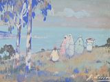 a painting of a group of people sitting on a hill