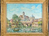 a painting of a bridge over a river with buildings in the background