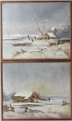 deux tableaux représentant une ferme sous la neige, avec une grange en arrière-plan