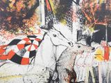 a picture of a painting of a horse and a cow