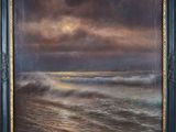 an oil painting of a sunset over the ocean with waves