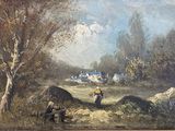 a painting on the wall of a room that has a picture of a person in a field