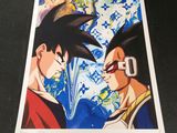 une image représentant deux personnages, Goku et Vegeta, devant un fond bleu