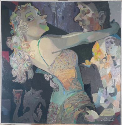 tableau représentant un homme et une femme dansant devant une foule