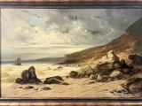 painting of a beach scene with rocks and a boat in the distance