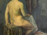 painting of a nude woman sitting on a bed in a room
