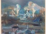 a painting of boats in a harbor with smoke coming out of them