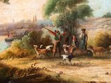 a painting of a group of people and animals by a river