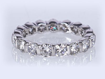 un gros plan d'une bague « éternité » sertie de diamants sur fond blanc