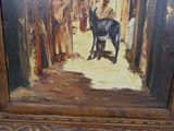 a painting of a man and a donkey in a village