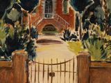 an image of a painting of a church with a gate in front of it