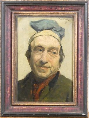 portrait d'un vieil homme portant un chapeau bleu et une cravate rouge