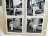three black and white photos of a man and woman in front of a car