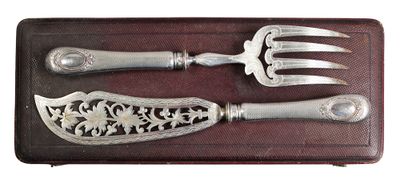 COUVERT DE SERVICE A POISSON en métal argenté et manche en a… - Photo 1