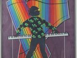 affiche représentant un homme jouant du piano sur fond d'arc-en-ciel
