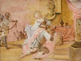 un tableau accroché au mur d'une pièce, représentant un homme et une femme