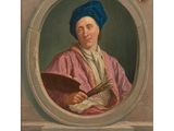 portrait of a man in a blue turban holding a fan