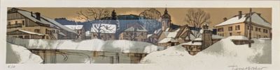 painting of a snowy village with a clock tower in the background