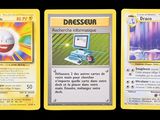 three pokemon cards with different designs on them on a black background