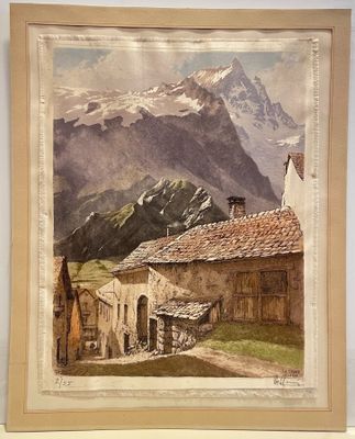 an image of a painting of a village with mountains in the background