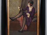 painting of a woman sitting on a couch holding a glass of wine