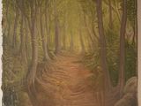 un tableau représentant un sentier dans les bois accroché au mur
