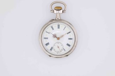a close up of a silver pocket watch with roman numerals on it