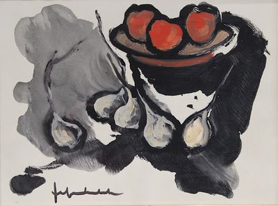 a painting of a bowl of fruit on a table