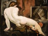 painting of a nude woman sitting on a chair in front of a fireplace