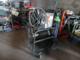 a cart with a hose on it in a garage