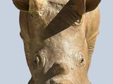 a statue of a rhino head on a blue background