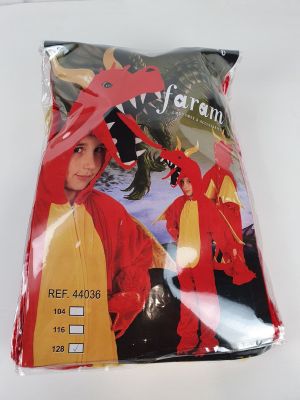 a bag of red and yellow dragon costumes on a table