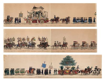 four different pictures of a horse drawn carriage with people on it