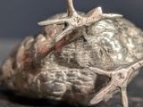 a silver shell with two starfishs on top of it