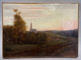 une peinture à l'huile d'un paysage avec une église au loin