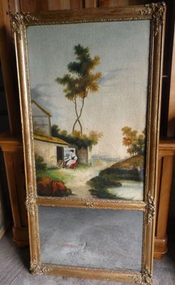 an old painting of a farm scene is on display in a gold frame