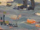 an oil painting of a man standing on a beach with a surfboard