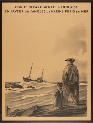 painting of a man standing on a beach with a boat in the background