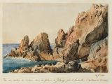 painting of a rocky coast with rocks and a body of water in the foreground