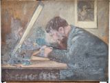a painting of a man working on a piece of wood