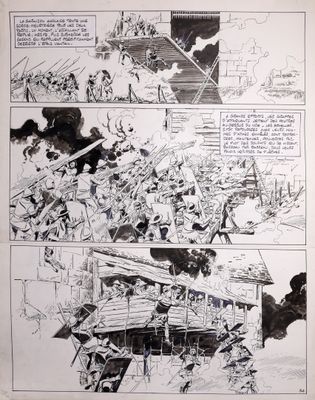 une image représentant une page de bande dessinée avec l'illustration d'un bateau en arrière-plan